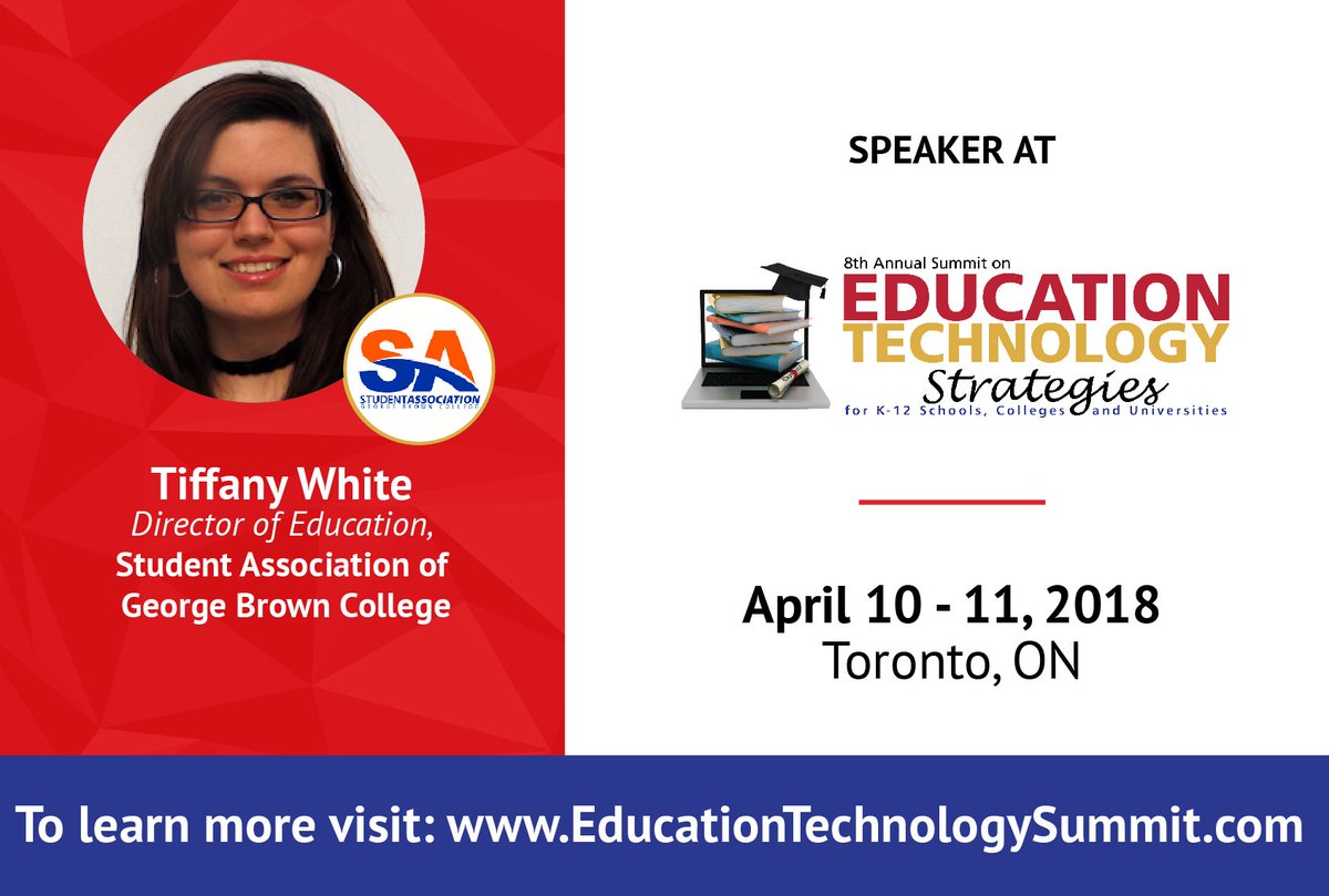 Education Technology (@edutechstrategy) on Twitter photo Tiffany White, Director of Education, Student Association of <a href="/GBCollege/">George Brown College</a> is a speaker at #EduTech18. TOMORROW is the last day to save $200 on registration. Register now - goo.gl/bN5qcR See you at the summit! #Education #Canada #Tech #Learning #EduTech Tiffany White, Director of Education, Student Association of <a href="/GBCollege/">George Brown College</a> is a speaker at #EduTech18. TOMORROW is the last day to save $200 on registration. Register now - goo.gl/bN5qcR See you at the summit! #Education #Canada #Tech #Learning #EduTech