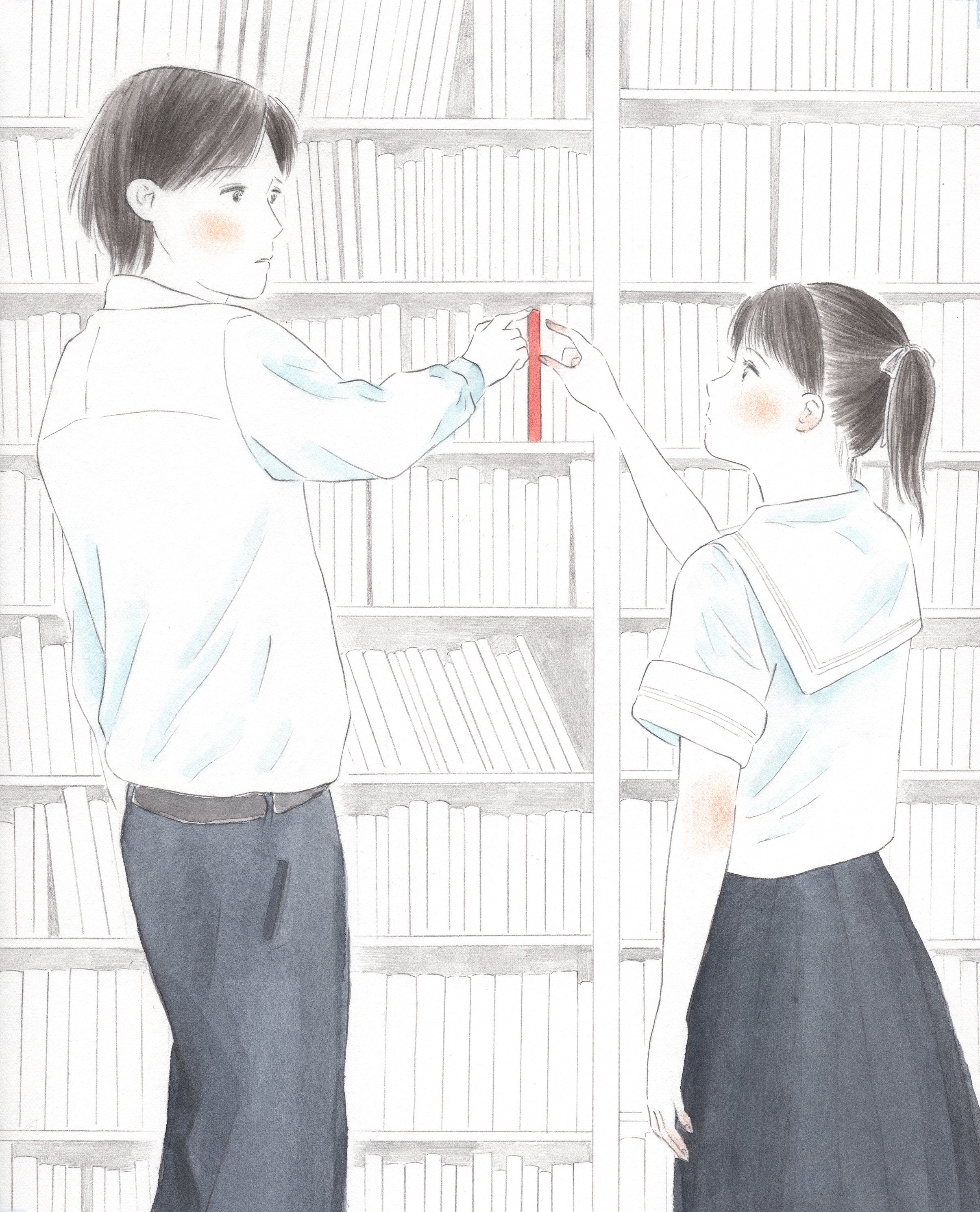 岡藤真依 あなたがわたしにくれたもの 連載中 図書室 久々に胸キュンイラスト描いた 王道シチュエーションはいい イラスト イラストレーション 落書き 女子高生 絵 女の子 制服 少女 男と女 男女 胸キュン 胸きゅん きゅん 出会い