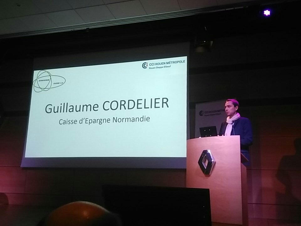 n_w_x's tweet photo. Retour d'expérience de Guillaume Cordelier de la @CE_Normandie. Comment la Caisse d'épargne Normandie appréhende le numérique sur le territoire en travaillant avec des entreprises du numérique comme @saagie_io #ecosystemcleon4.0 @CCIRouenM https://t.co/ohu3MSDdZx