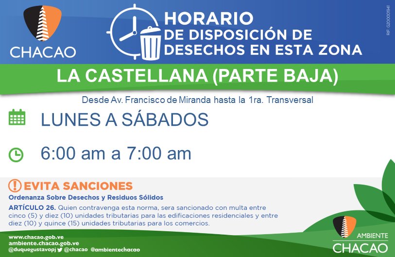 AmbienteChacao's tweet photo. Verifica aquí el horario de disposición de desechos correspondiente a la parte baja de la urbanización #LaCastellana @Chacao https://t.co/MVYx7ip2wa