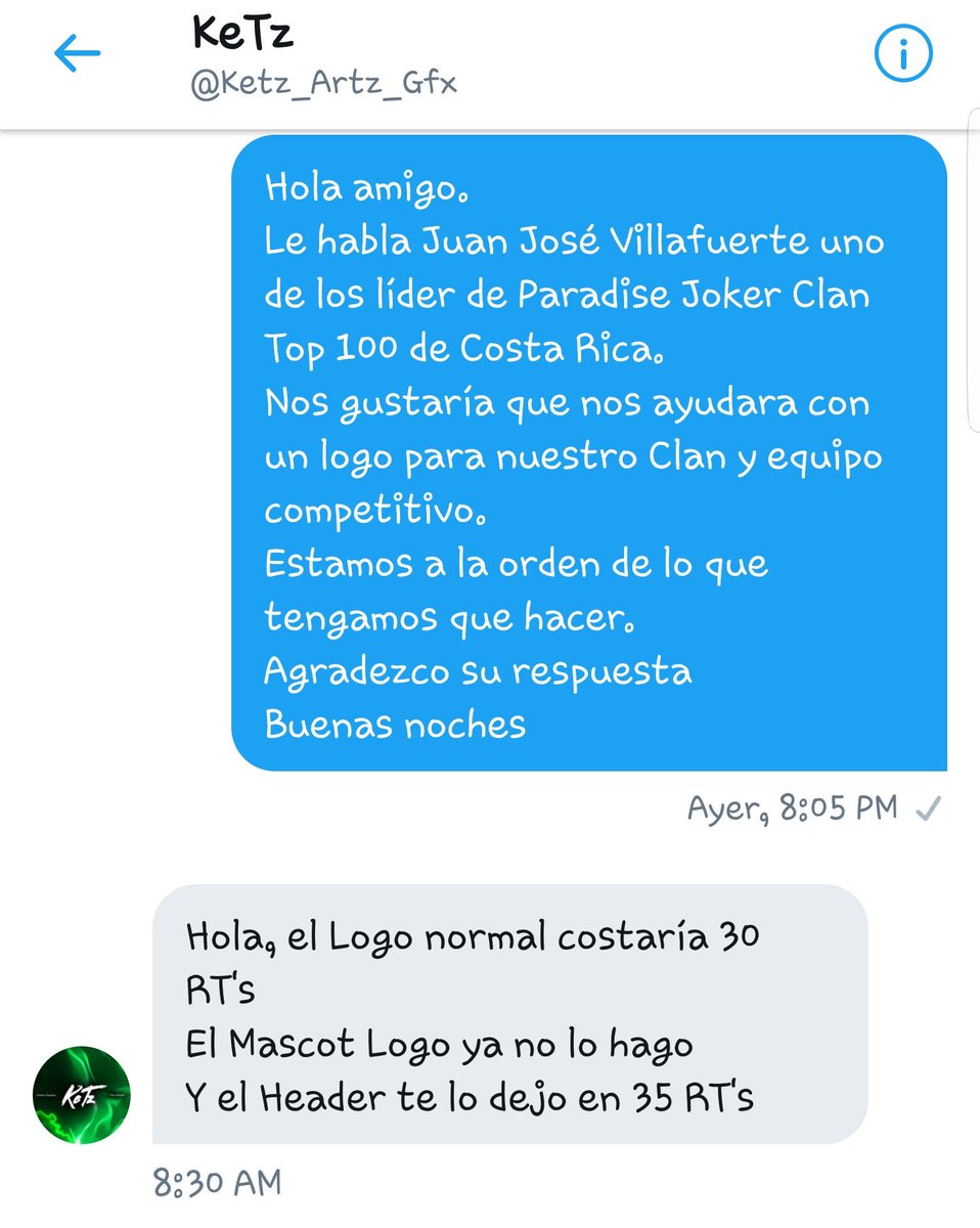 Hola Gente necesito que me ayuden con 30 RTs para que el crack de @Ketz_Artz_Gfx  nos haga un logo para el Clan.
Se los agradezco.
<a href="/KevinSandiAgue1/">Kevin Sandi Aguero</a> 
@Asceidd845 
<a href="/KendallLMora1/">Kendall L.Mora</a> 
<a href="/ClashRoyale/">Clash Royale</a> 
@nutto121 
<a href="/Reydy03808944/">Reydy</a> 
@JocksanMejias 
<a href="/Villa_kcs/">Villa🇨🇷</a> 
@Byron25928034
