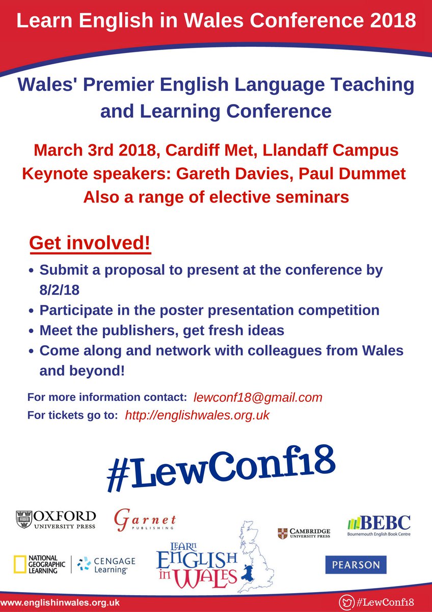 That time of the year is here again! Wales Premiere English Language Teaching and Learning Conference is coming to Cardiff on the 3rd of March 2018! Get involved and for more information contact: leawconf18@gmail.com! 
#LewConf18