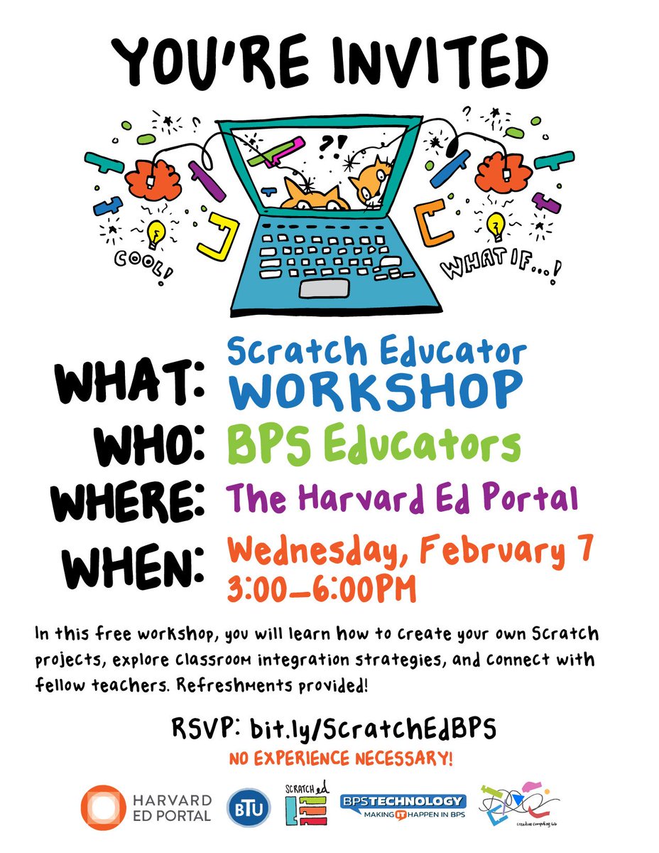 RashmiPi's tweet photo. All @BostonSchools Educators & Scratch Enthusiast Invited! Join @BPSTechnology & @ScratchEdTeam on Feb 7th for a fun Workshop. All levels of experience welcome! Sign up at https://t.co/IKDkIDkK7u #bpspn @RoxburyInno @TSNetwork_ @BostonSTEM @BostonPIC @bpsengage @EdVestors #bpshoc https://t.co/xEjNlt8pOt