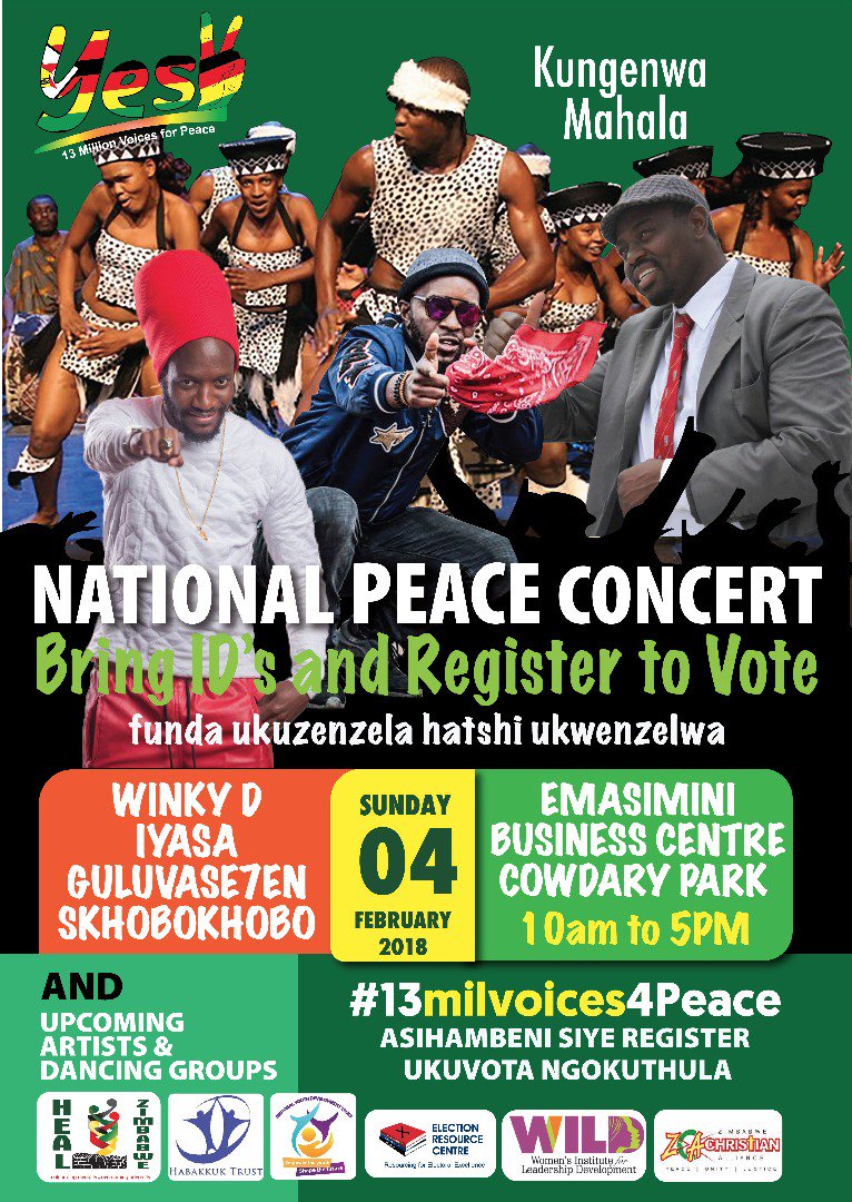 Get ready to #pledge4peace  on the 4th of Feb 2018 in Byo! Sifuna ukhetho olungela dlakela ngo2018 #iVote4Peace2018!
<a href="/habakkuktrust/">HABAKKUK TRUST</a> <a href="/wildtrustzim/">Women's Institute for Leadership Development</a> <a href="/MatHumanRights/">Matabeleland Institute for Human Rights🇿🇼</a> <a href="/P_VanDamme_EU/">Philippe Van Damme 🇪🇺🇺🇦</a> @NPRCZim @CommMasunungure @erczimbabwe @ZimRights1 @crisiscoalition <a href="/kubatana/">Kubatana</a> <a href="/edmnangagwa/">President of Zimbabwe</a>