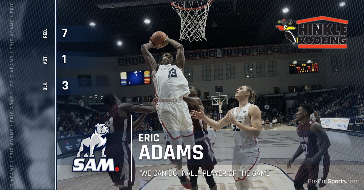 SamfordMBB's tweet image. Bulldog fans, senior center Eric Adams was named the Hinkle Roofing (@hinkleroof) "We can do it all" Player of the Game for his performance against Chattanooga last night!!

#SamfordStrong 
#FOE