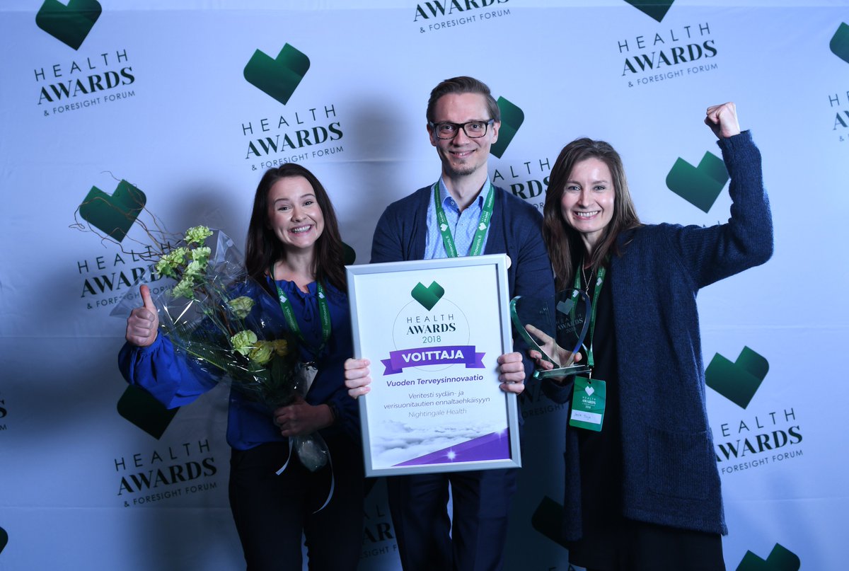 Vuoden Terveysinnovaatio on <a href="/NgaleHealth/">Nightingale Health</a> veritesti sydän- ja verisuonitautien ennaltaehkäisyyn. Tuomaristo vaikuttui testin personoidusta ja sairastumista ennaltaehkäisevästä näkökulmasta.  #healthawardsfi Onnea voittajalle!