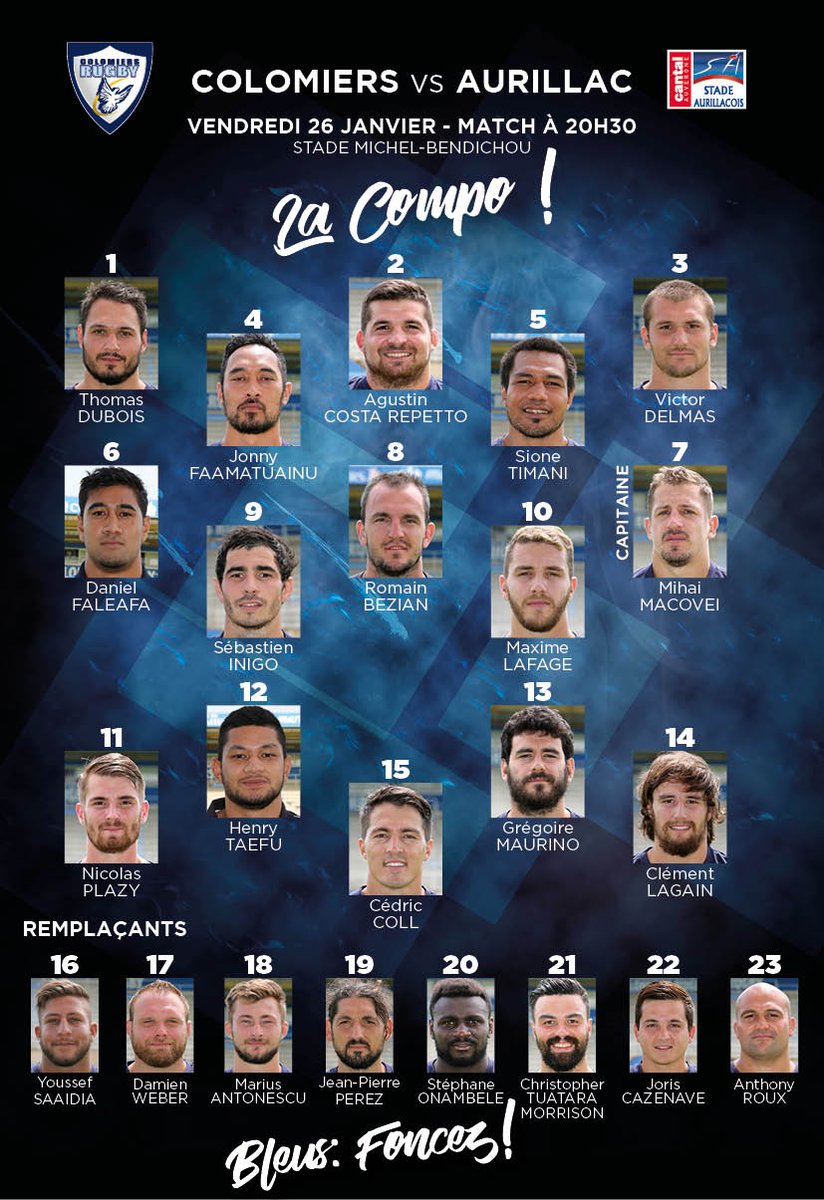 ColomiersRugby's tweet photo. #J21🏉
#USCOSACA La composition de Colomiers 🔵
Venez encouragez notre équipe ce vendredi face au @SArugbyofficiel
Billetterie 🎟
https://t.co/RvlZFmo520
#BleusFoncez ! https://t.co/MDuoFbhRdC