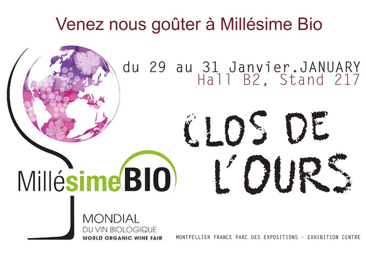 closdelours's tweet photo. On sera présent à #MillésimeBio du 29 au 31 janvier #hallb2 #stand217 #organicwine #vinbio #familywine #provencewine #provence #Montpellier https://t.co/dIv8XhpYjd