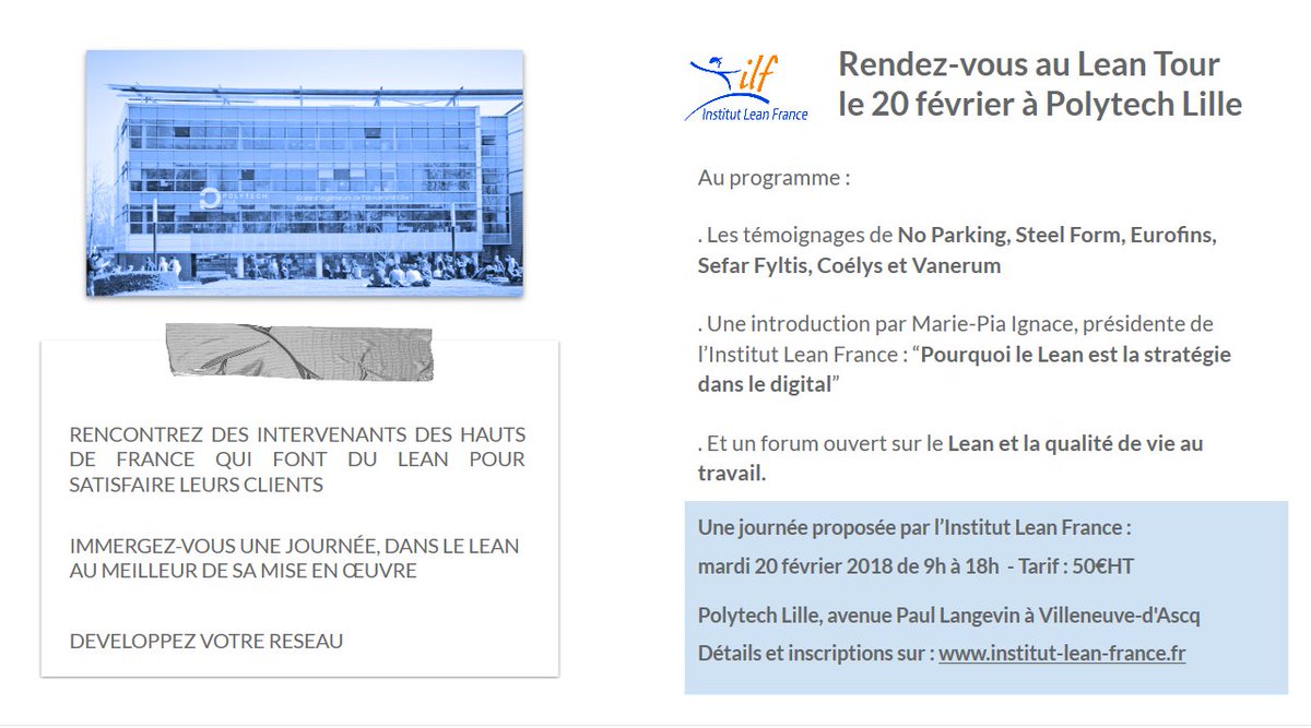 INST_LEANFRANCE's tweet photo. Au #LeanTour à @reseaupolytech #Lille, on écoutera des témoignages de professionnels des @hautsdefrance qui font du Lean, on parlera #Lean et #digital avec @MPIgnace mais aussi #Lean et #QVT dans un forum ouvert.
RDV le 20/02 !
https://t.co/DSio4j0UBy … https://t.co/5UBiaCi96L
