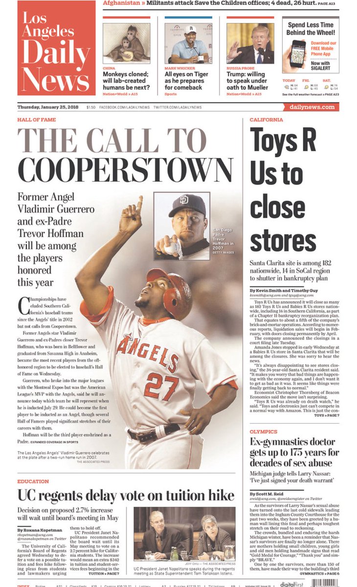 SportsFrontPage's tweet photo. Newspapers after four are elected into the #HOFClass2018 https://t.co/W7TuwsLazg