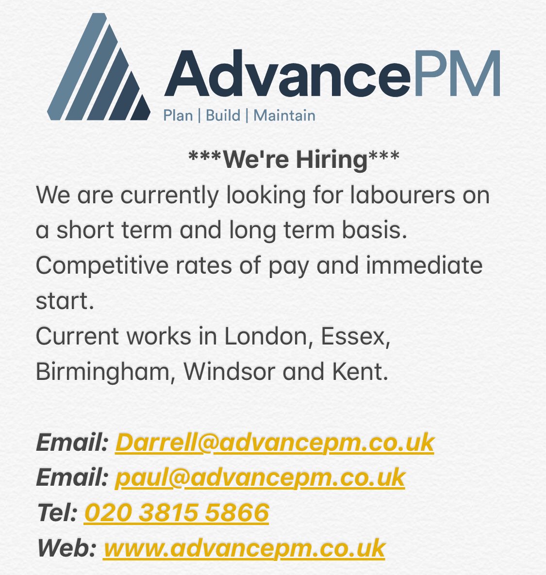 DarrellPrivett1's tweet photo. If you’re a labourer looking for work or you know someone who is then please get in contact ASAP. Immediate start. @AdvancePM https://t.co/OHAQvwtiu0