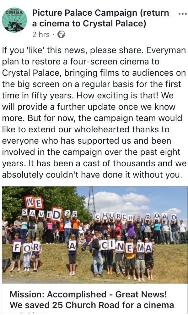 Huge congratulations to <a href="/picturepalace/">Cinema4CrystalPalace</a> for their unbelievable 'mission accomplished' for saving 25 Church Road <a href="/Everymancinema/">Everyman Cinema</a> it's an amazing community ! #supportlocal #Cinema4crystalpalace #SE19