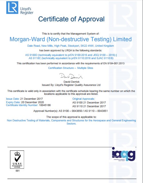 MorganWardNDT's tweet photo. Pleased to announce we've gained AS 9100 &amp; AS 9100 approval to add to the growing list! https://t.co/SgcOpCTeNp