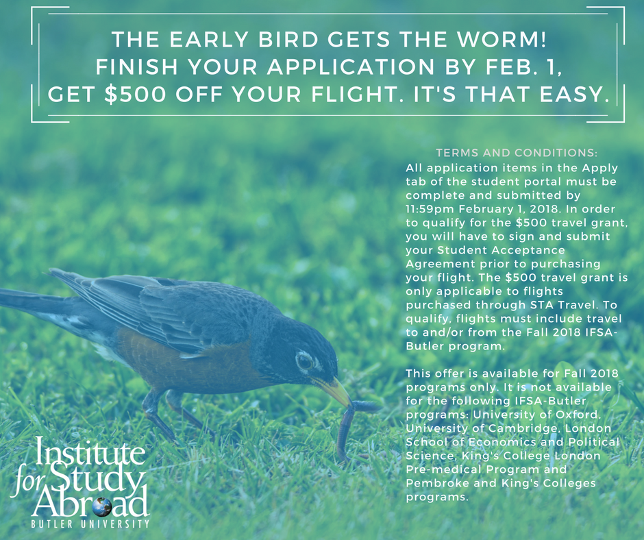 IFSAStudyAbroad's tweet photo. Less than ONE WEEK remains to take advantage of our Early Bird opportunity! Complete an #ifsabutler application before Feb. 1 and get $500 off your flight. Visit our website to learn more and apply: https://t.co/WP8HdbrHVV https://t.co/rUD9BXQor3