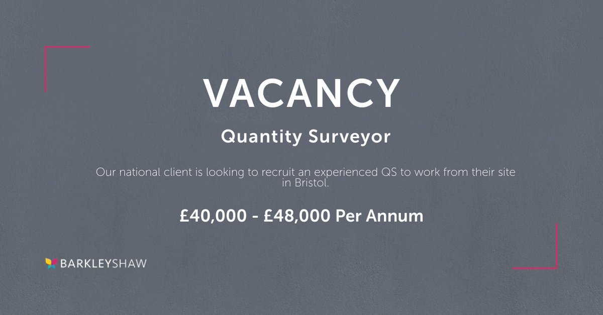 New Vacancy! Our national client is looking to recruit an experienced QS to work from their site in Bristol.
The role has become available due to an influx in work due to business success. #Bristol #Vacancy #Jobs