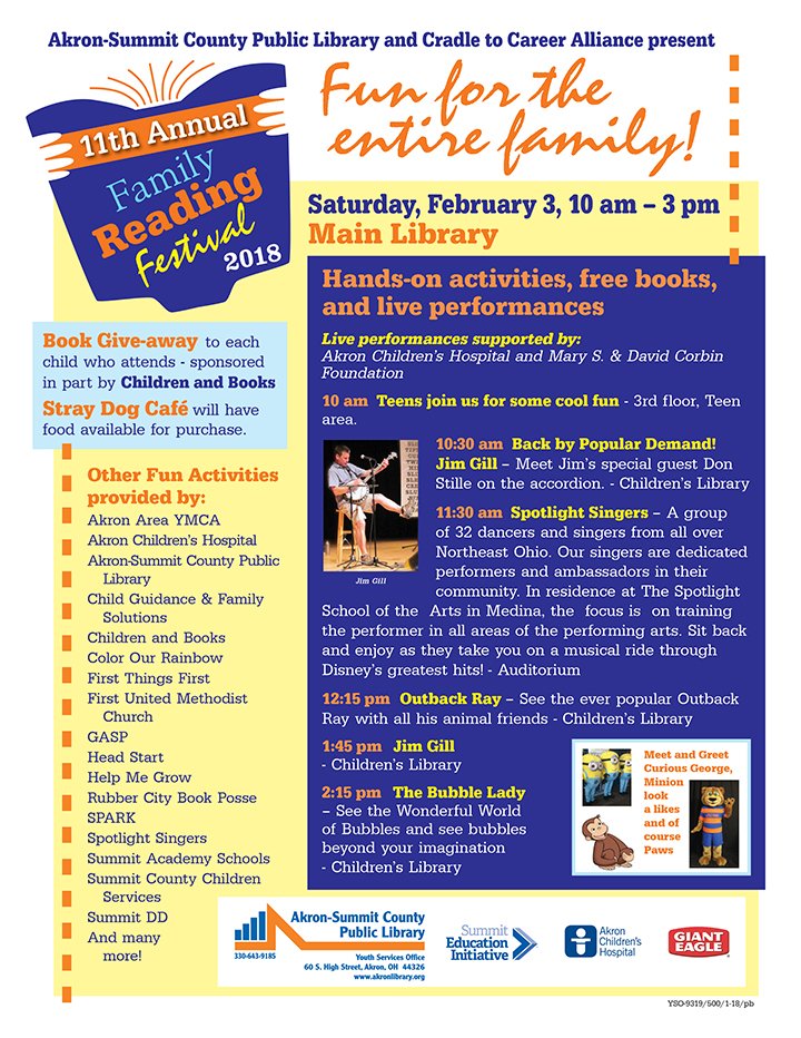 Check out all the fun activities and special guests being featured at this year's Family Reading Festival at <a href="/akronlibrary/">Akron-Summit County Public Library</a> in downtown #Akron! We hope to see you there Saturday, Feb. 3!