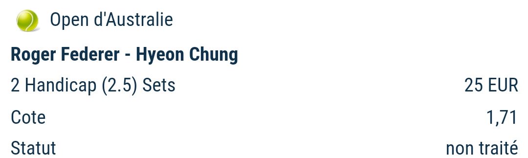 [Tennis 🎾] #AusOpen H
-> Chung gagne un set à 1.71
-> Chung à 5.9

Federer a souvent eu du mal face à Djoko, il devrait donc avoir du mal face au "Djoko Coréen" 😅
À 21 ans, Chung passe un cap. Contre un Federer moins bon qu'en 2017, il aura sa chance

#TeamParieur #ParionsSport