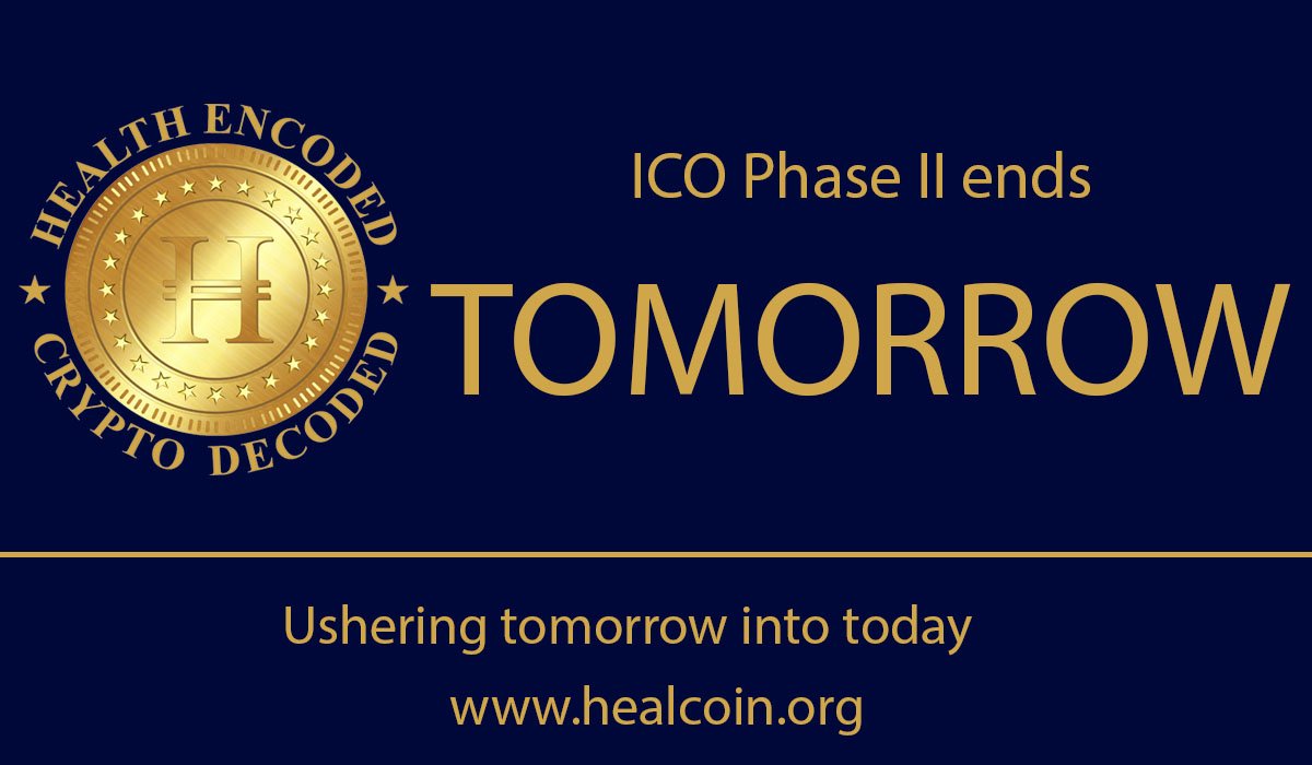 TheHealCoin's tweet photo. #HealCoinICO Phase II @1.5 cent ends TOMORROW
Offer price will increase to 2.25 cent. Hurry!!!  #healthcare #cryptocurrency #ICO
#HealCoin - https://t.co/OXQ1zOnfsj https://t.co/w1TI4D6fw0