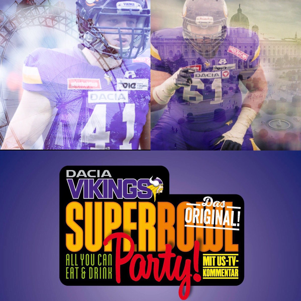 ViennaVikings's tweet photo. Die #DaciaVikings #SuperBowlParty im @ViennaMarriottHotel mit #SpecialAppearances von OL Aleksandar Milanovic, DB Luis Horvath, DB Maximilian Zangl, QB Garrett Safron und den #VikingsAllstars. πππ.
#SBPVienna #EventToSee #ClubToJoin #TeamToBeat #Hauptstadt #DAZN #MastersOfDirt https://t.co/tDTUgcWkZw