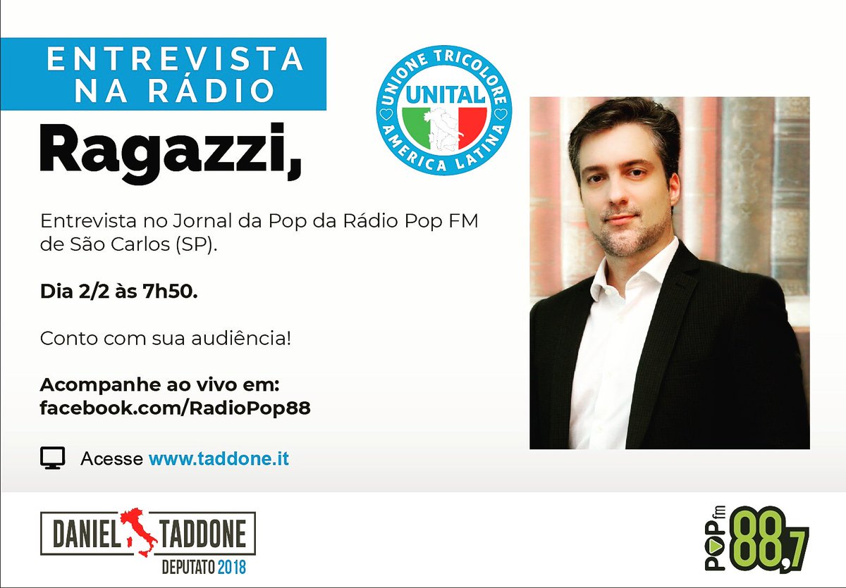 danieltaddone's tweet photo. Amanhã, dia 2 de fevereiro, às 7h50 da manhã, sintonize a Rádio Pop88 FM, de São Carlos/SP ou acompanhe LIVE pelo Facebook acessando https://t.co/uf5z1CSCiX
Estarei sendo entrevistado no Jornal da Pop! Mande sua pergunta pelo Facebook.
#Taddone2018 #UNITAL
#Eleiçõesitalianas https://t.co/3gw2YWAngj