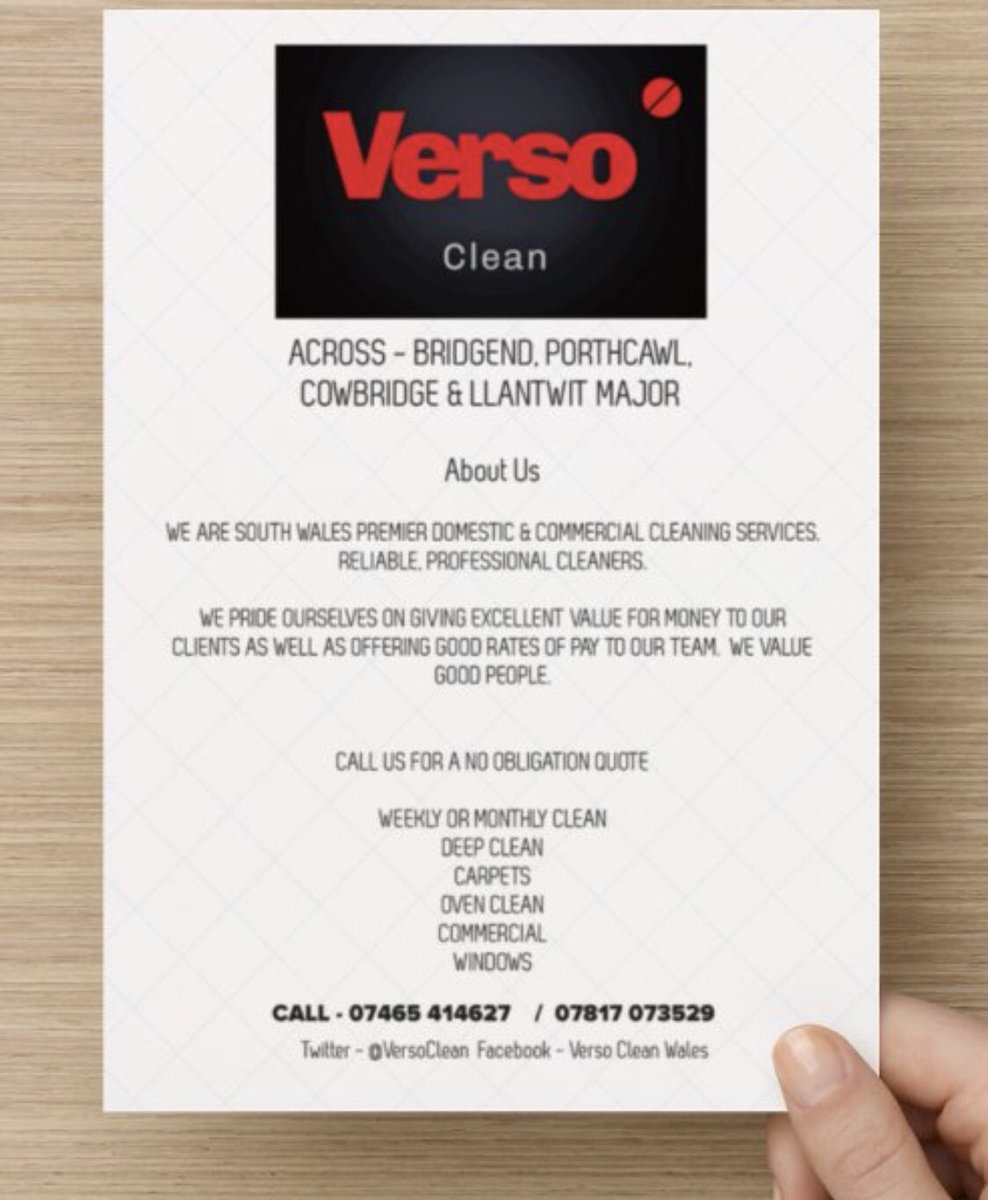 VersoClean's tweet photo. Super week at Verso #Clean - Another 5 clients requiring our services this week! Thank you so much team 👏🏼   #Cleaning #Bridgend #Porthcawl https://t.co/dSzBrIXwx4