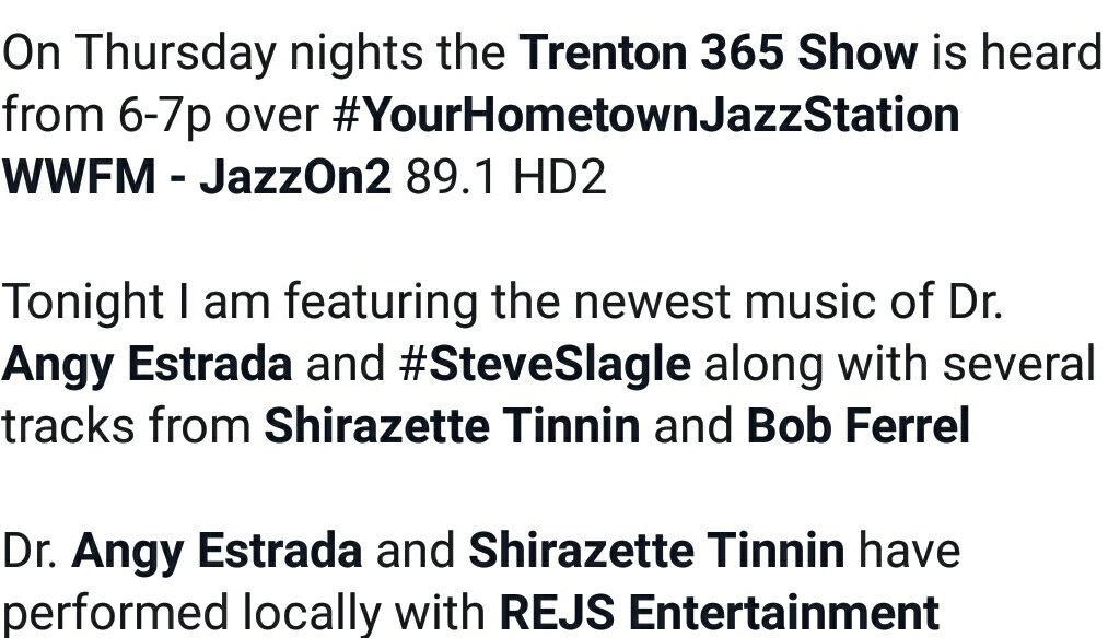 trenton365's tweet photo. @RejsJazz @KateSmithPromo #angyestrada @JazzOn2 #steveslagle @TinninL #bobferrel #YourHometownJazzStation #jazz https://t.co/f3UMiQ8lea