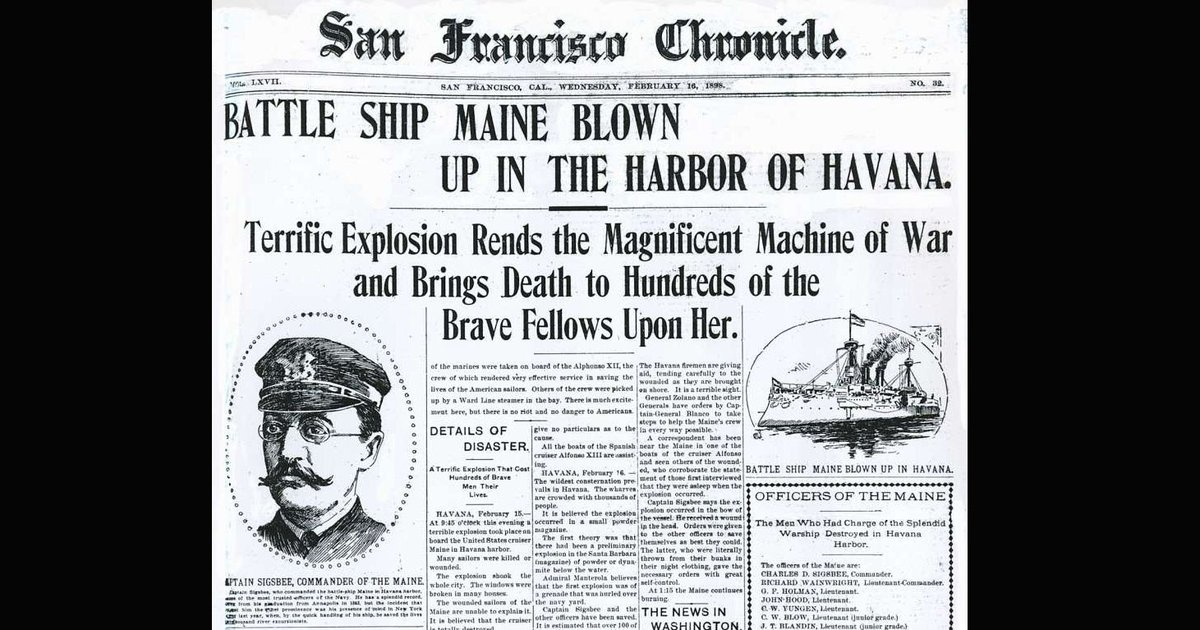 Newspaper front page about the sinking of the USS Maine on