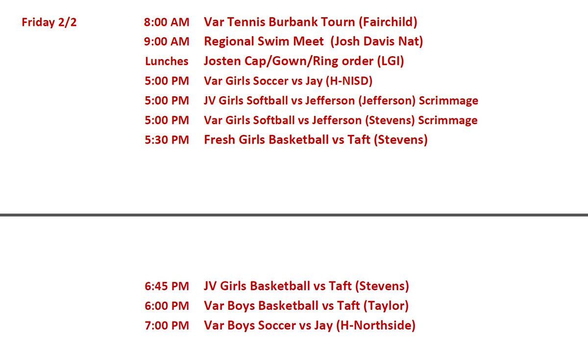 NISDSTEVENS's tweet photo. 2/2/18 Lots of Athletic Events going on tomorrow. Be sure to show your support by attending a game. Reminder to Parents/Guardians today is the last day Jostens will be on campus. Stop by between 11:30-2:15 if you have cap &amp; gown questions. https://t.co/LsKJc7S8Vn