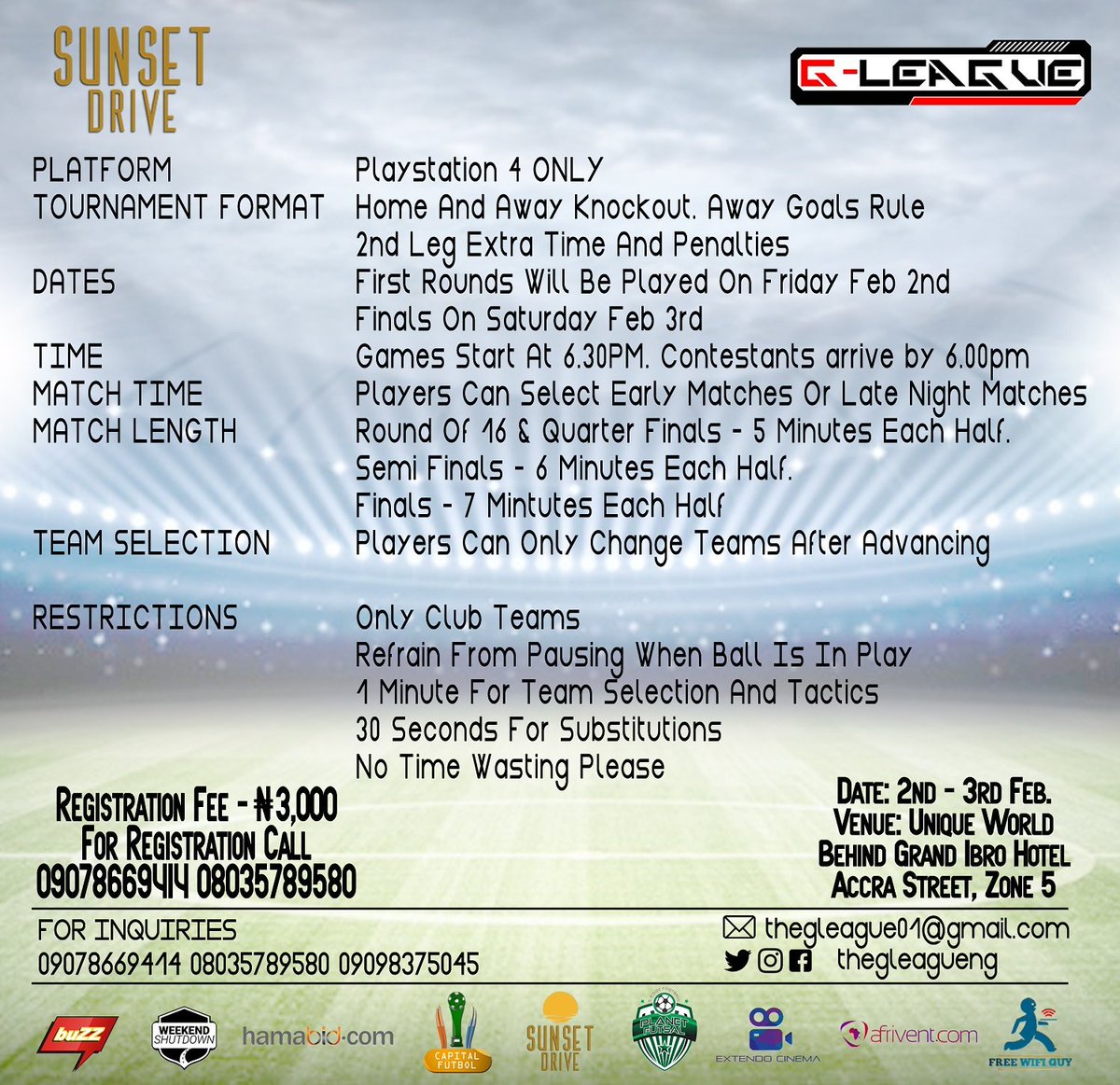 thegleagueng's tweet photo. Tournament rules for tomorrow.
Winner takes all ๐๐ฐ
Losers get nothing ๐ญ
Bring your game face on ๐ฎ
Happening @sunsetdriveng
#gamingredefined #sunsetdriveng #thegleague #abuja #fifa18 https://t.co/l4ZHFuVzzB
