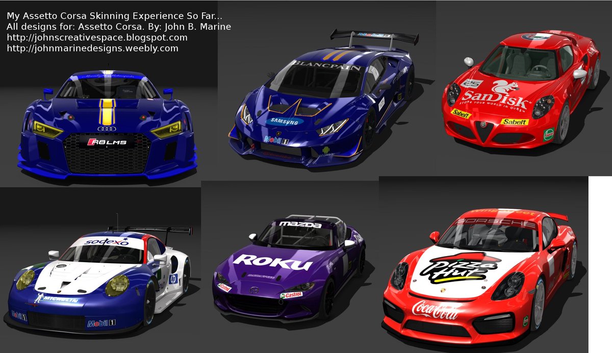 johnbmarine's tweet photo. This picture is my skinning journey so far in @AC_assettocorsa . More to come in the future! (NOTE: I forgot to post the picture prior to this Tweet! My bad!) #AssettoCorsa #Simracing #JMDesigns https://t.co/LelV44z70h