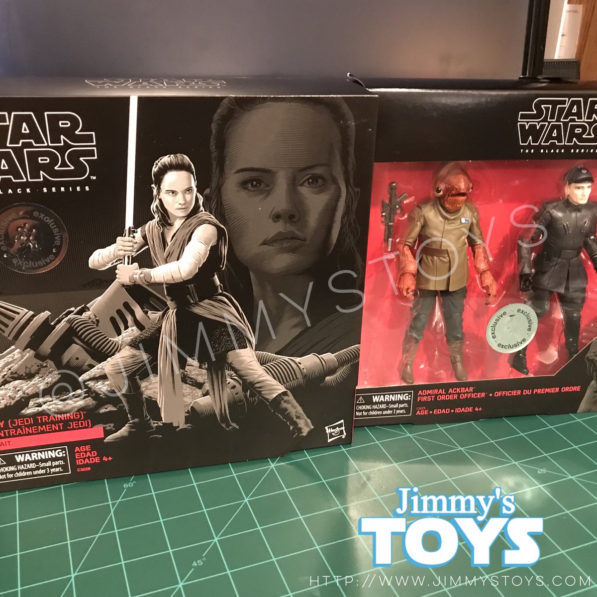 Mail call. I ordered these a few days while, on sale. both of these #StarWars #BlackSeries #actionfigure sets are #ToysRUsExclusives.  I like this #Rey.  It comes with lots of accessories.  The #AdmiralAckbar is my favorite of the 3 #figures. The #FirstOrderOfficer is generic.