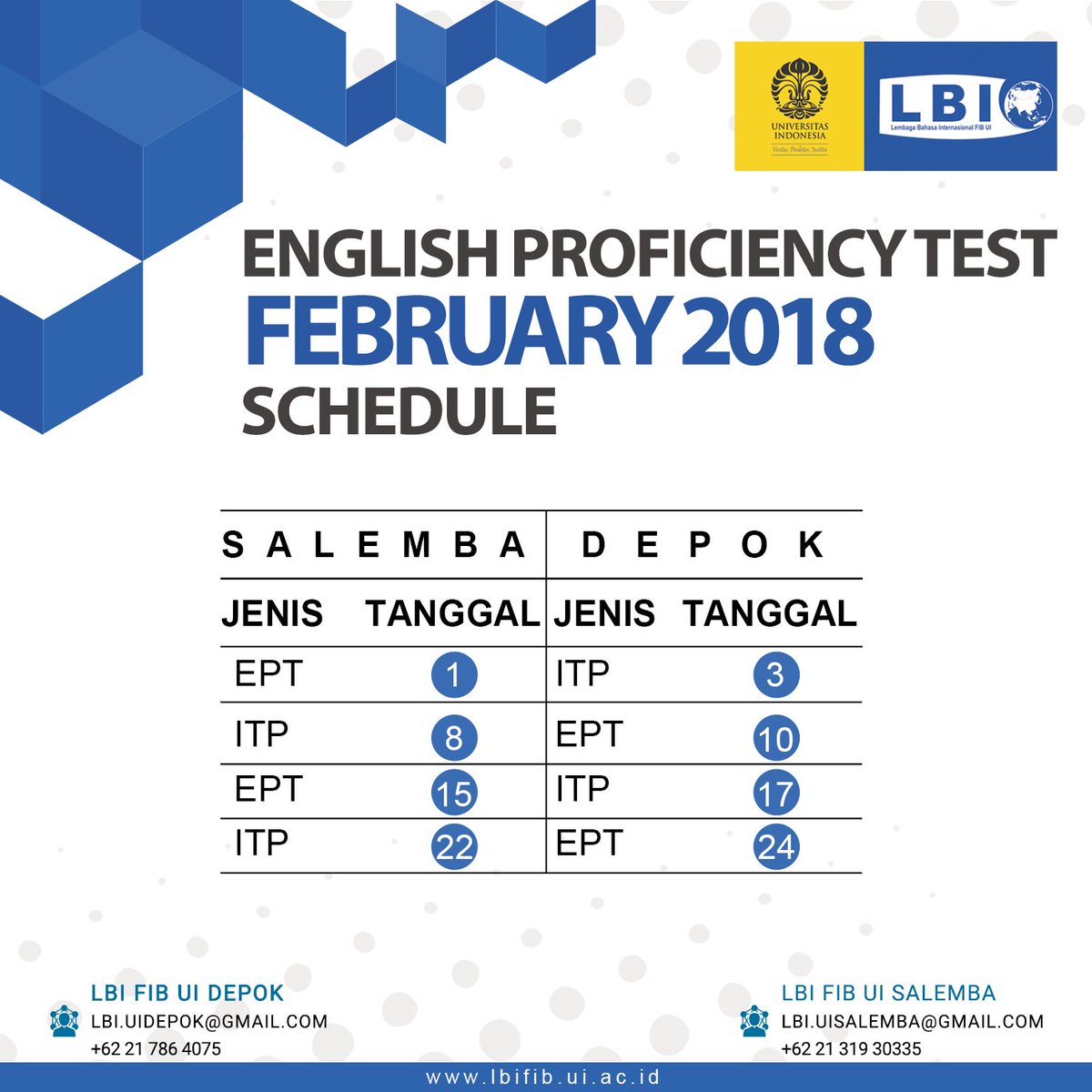 lbi_fib_ui's tweet photo. Jadwal tes TOEFL bulan Februari 2018.
#TOEFL
#toefltest
#lbifibui
#universitasindonesia
#fibui https://t.co/gosbJAnx7m