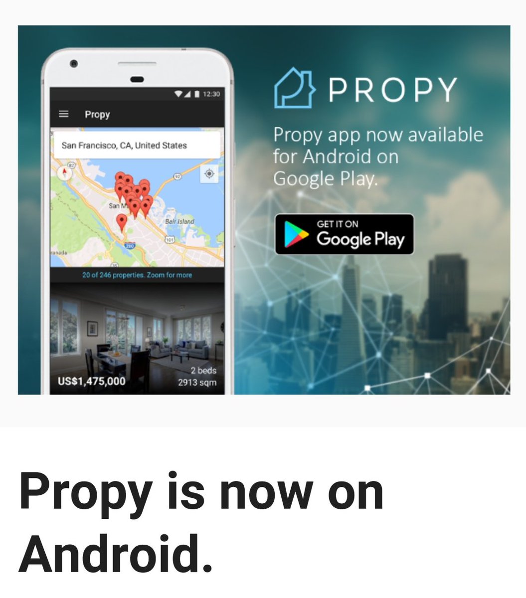 PropyInc's tweet image. #Propy is now live on #Android!

With Propy you can get in touch directly with buyers and sellers globally. Pay online and close the deal online via #Blockchain. Get it on #GooglePlay!

$PRO #RealEstate #FirstMover #Adoption #Bitcoin #Ethereum

play.google.com/store/apps/det…