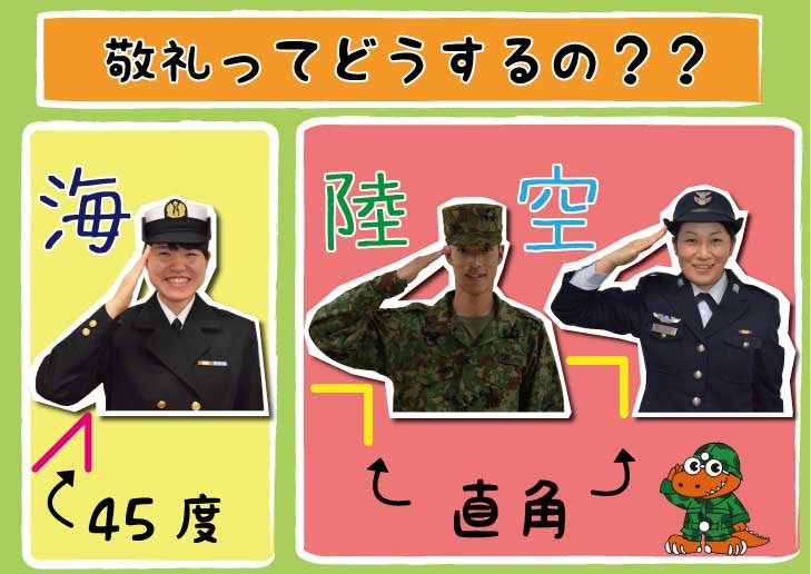自衛隊福井地方協力本部 公式 Auf Twitter 先日 陸海空の迷彩柄の違いをお話しましたが 同じ自衛隊と言えど 他にも色々違いがあります 今回は敬礼のお話です 陸空は肘を水平に伸ばすのに対し 海は肘を45度に曲げて敬礼します これは艦艇などの狭い空間でも邪魔 自衛隊福井地方協力本部 公式 Auf Twitter 先日 陸海空の迷彩柄の違いをお話しましたが 同じ自衛隊と言えど 他にも色々違いがあります 今回は敬礼のお話です 陸空は肘を水平に伸ばすのに対し 海は肘を45度に曲げて敬礼します これは艦艇などの狭い空間でも邪魔