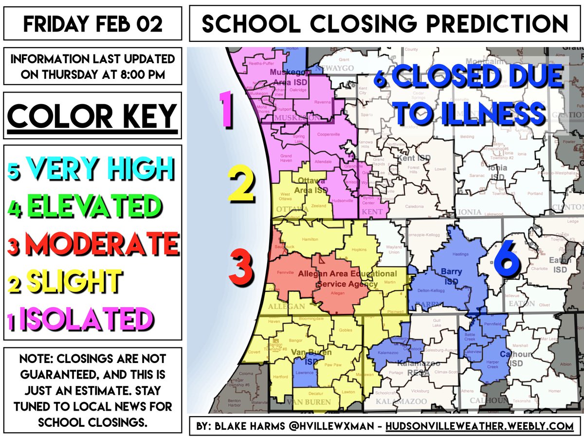 wxblakeharms's tweet photo. Any location that sees decent snowfall overnight will have slick roads, since salt is not effective in the cold temperatures.. best chance of a closing will be in Allegan and Van Buren counties. Also, note the all of the illness closings! https://t.co/LjJFjpWIJq