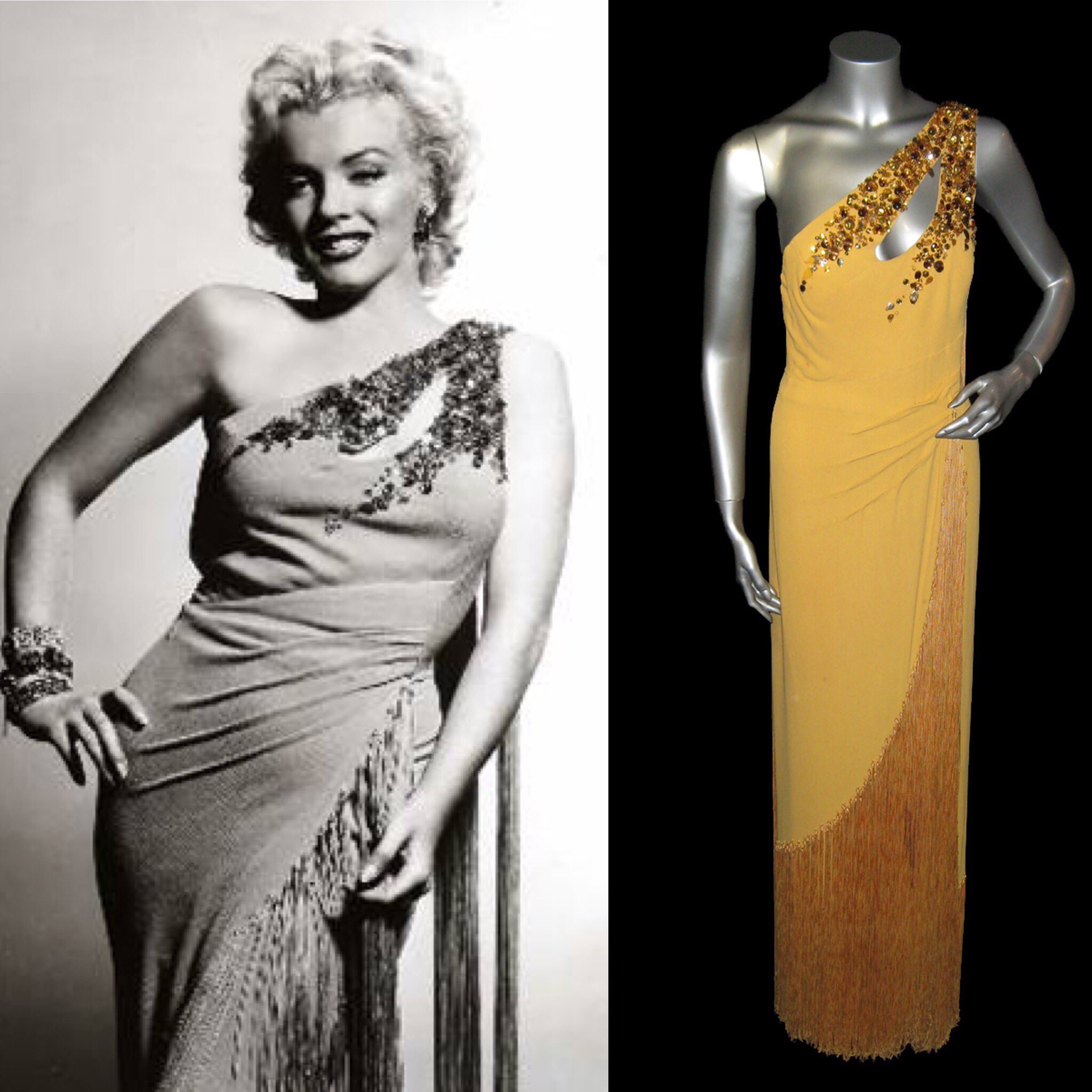Dr Kate Strasdin on X Beautiful promotional shot of Marilyn Monroe in mid 1950s shots for 20th Century Fox. She wears a yellow crepe dress sequinned across one shoulder originally worn by Hildegard