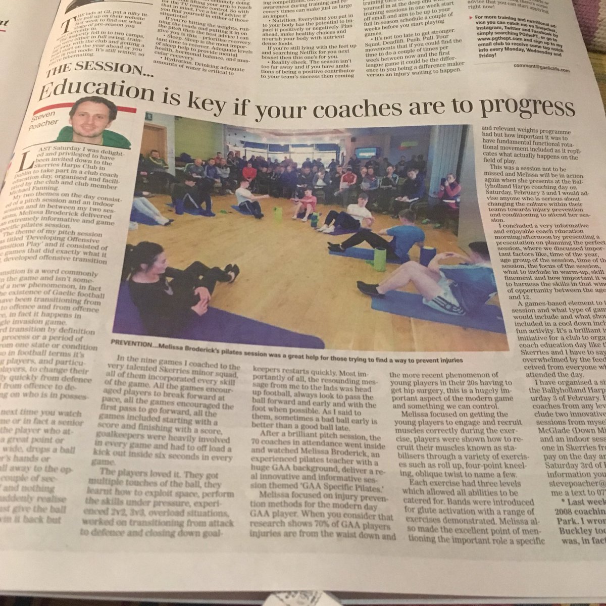 MelBroderick's tweet photo. Excellent article in this week's @Gaelic_Life about the “Gaa Specific Pilates” session I delivered @skerriesharps coaching day and really looking forward to delivering another session @HarpsGAC coaching day next week #Injuryprevention https://t.co/0rQXSzptKP