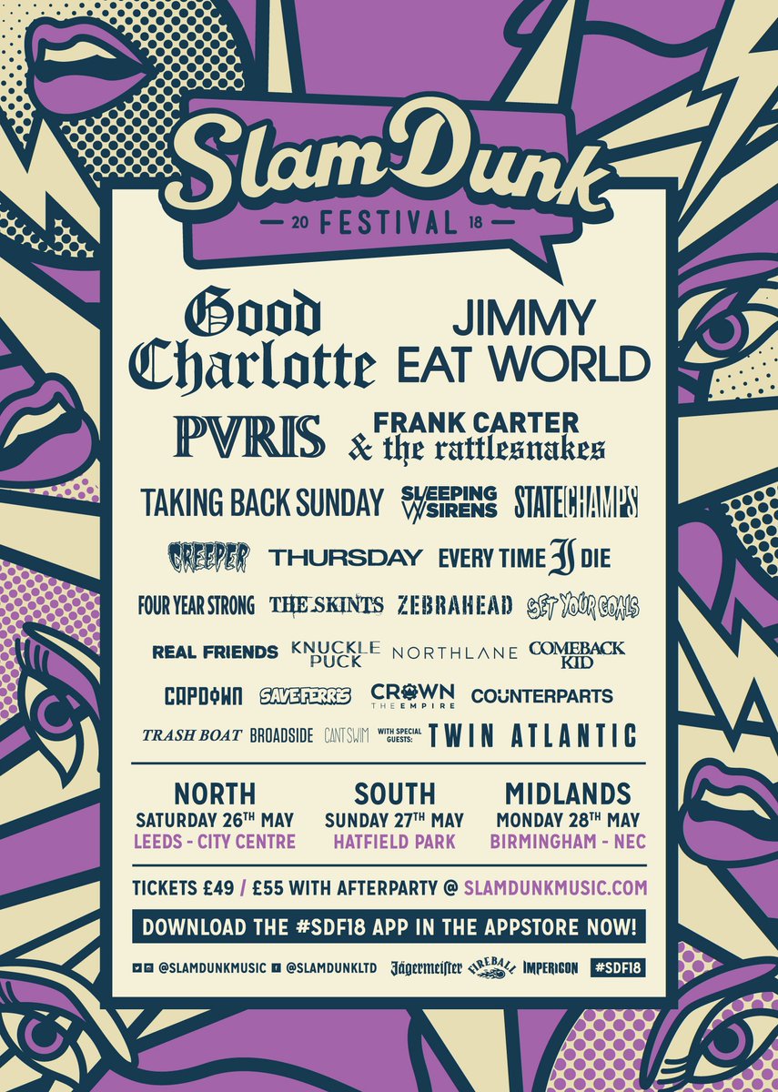 SlamDunkMusic's tweet image. IT’S TIME! Our first #SDF18 announcement of the year is finally here!! Ft. @twinatlantic @theskints @SetYourGoals @Northlane @cbktweets #Capdown @SaveFerris_1 @counterparts905 @Broadside_ @cantswim_ // Tickets from £49 @ slamdunkmusic.com @JagerUK @FireballUK @impericon_uk
