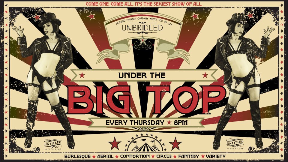 Step right up! #UnderTheBigTop is #TONIGHT.
Carnivalesque delights await... don't be late!
Complimentary admission I 8pm door I Show starts at 9pm
VIP experience: AmyJade@untitled111.com
Dinner reservations: 312.880.1511
#burlesque #unbridledatuntitled