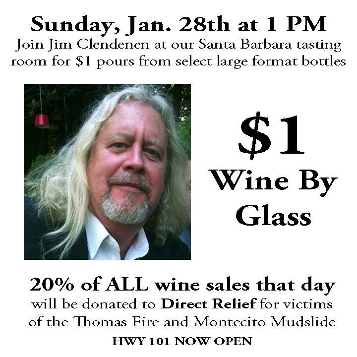 🙌🏻 $1 glasses of wine at the tasting room with Jim Clendenen himself this Sunday for victims of the #montecitomudslide 20% of our sales will be donated to #directrelief #santabarbarastrong