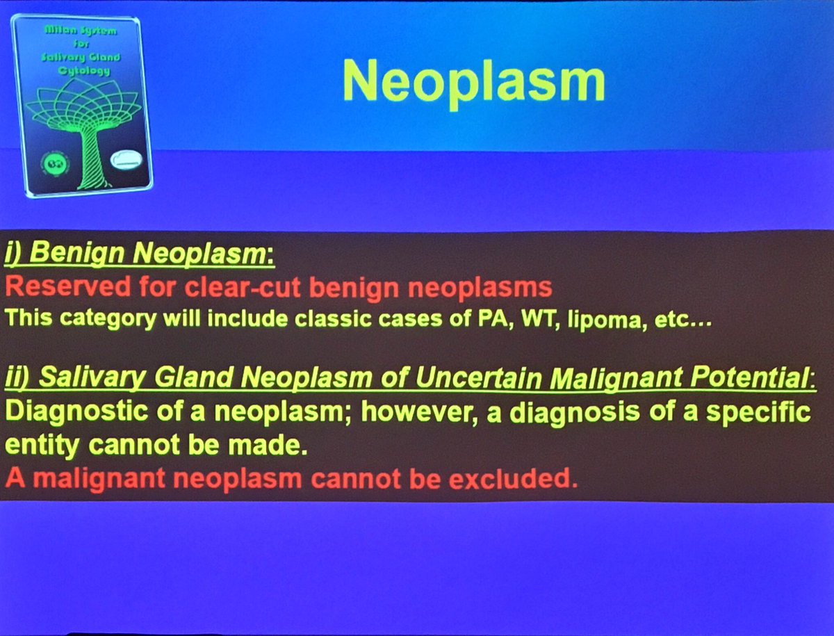 lara_pijuan's tweet photo. Description of categories: Neoplasm benign, Neoplasm of Uncertain Malignant Potencial (SUMP), Suspicious for Malignancy and Malignant in the @MilanSystem for the diagnostic of Salivary Gland #cytopathology by @bfaquin #Marcourse18 #HeadandNeckPath https://t.co/yU1qJvx3WF