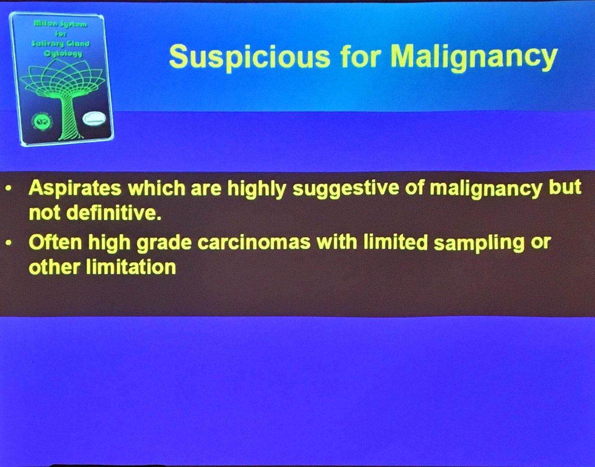 lara_pijuan's tweet photo. Description of categories: Neoplasm benign, Neoplasm of Uncertain Malignant Potencial (SUMP), Suspicious for Malignancy and Malignant in the @MilanSystem for the diagnostic of Salivary Gland #cytopathology by @bfaquin #Marcourse18 #HeadandNeckPath https://t.co/yU1qJvx3WF