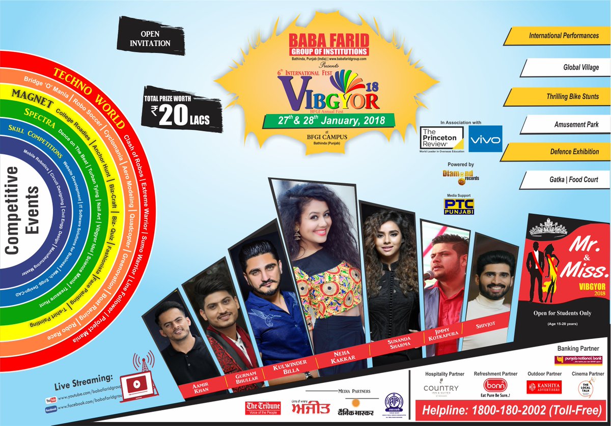 BabaFaridGroup's tweet photo. #1daytogo for the biggest International Fest of the Region - Vibgyor 2K18

Join us for a grand entertaining weekend on 27th and 28th January 2018 at BFGI Campus Bathinda.

#bfgivibgyor #Bfgi #Diamond_Records #TPR #vivo #ptc #internationalfest #Punjab #Bathinda https://t.co/ZHkV3e4d5l