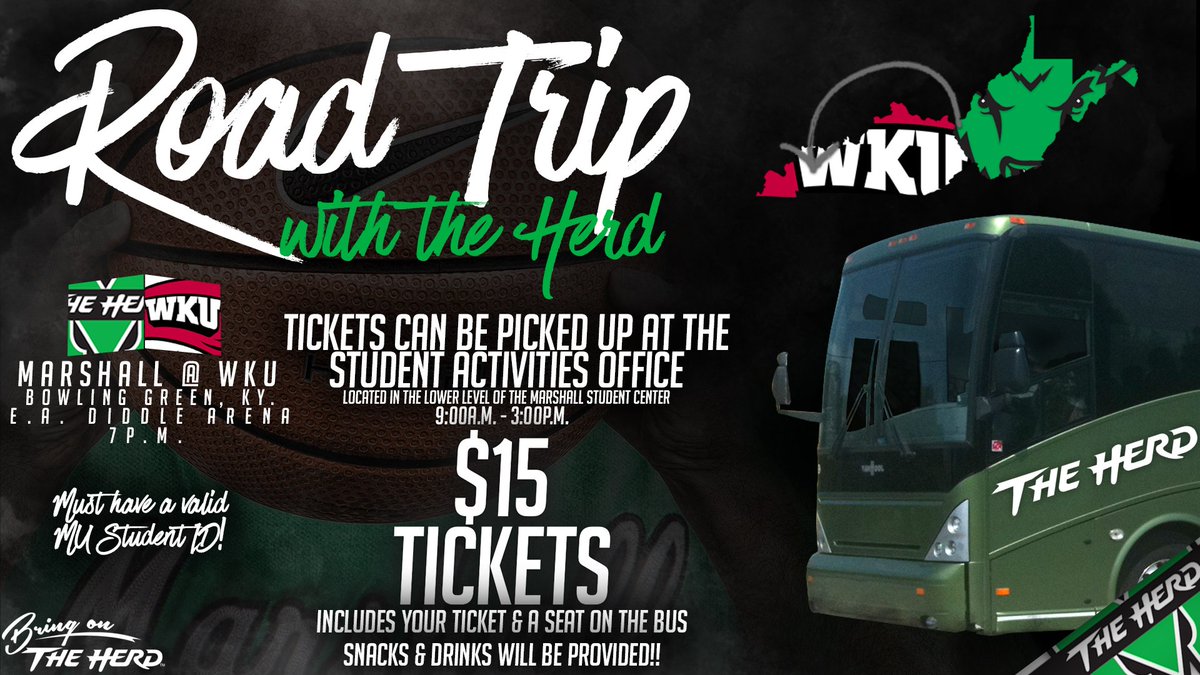 ManiacsMU's tweet photo. Calling all @marshallu students. Hurry up and get your bus ticket for what is going to be a SOLD out game in Bowling Green Kentucky. Yes, a sellout. Make it happen and get your ticket today. #HerdFamily https://t.co/jWNc5R4DaK