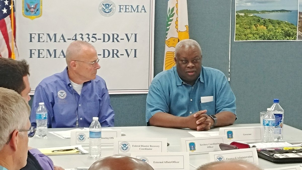 femaregion2's tweet photo. 1/25, St. Croix, #USVIRecovery — Gov. Mapp (right) and FEMA Federal Coordinating Officer William Vogel talk about priorities for the recovery from hurricanes #Irma & #Maria. FEMA continues to support its federal and local partners. #USVIStrong https://t.co/hLtE4jwi1s