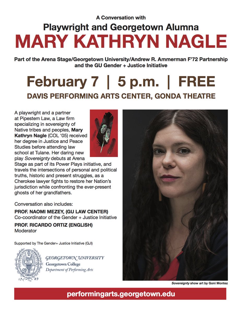 We're excited to share the Georgetown Gender+ Justice Initiative's upcoming event! They'll be in conversation with Georgetown Alumna and Playwright Mary Kathryn Nagle on Feb. 7

Learn more here: facebook.com/events/1925587…