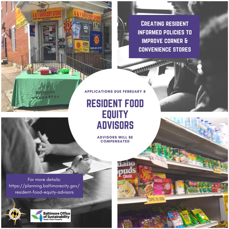 Apply to be a 2018 Resident Food Equity Advisor. Help BFPI create strategies and a policy agenda around corner and convenience stores in Baltimore City. To apply, visit planning.baltimorecity.gov/resident-food-…