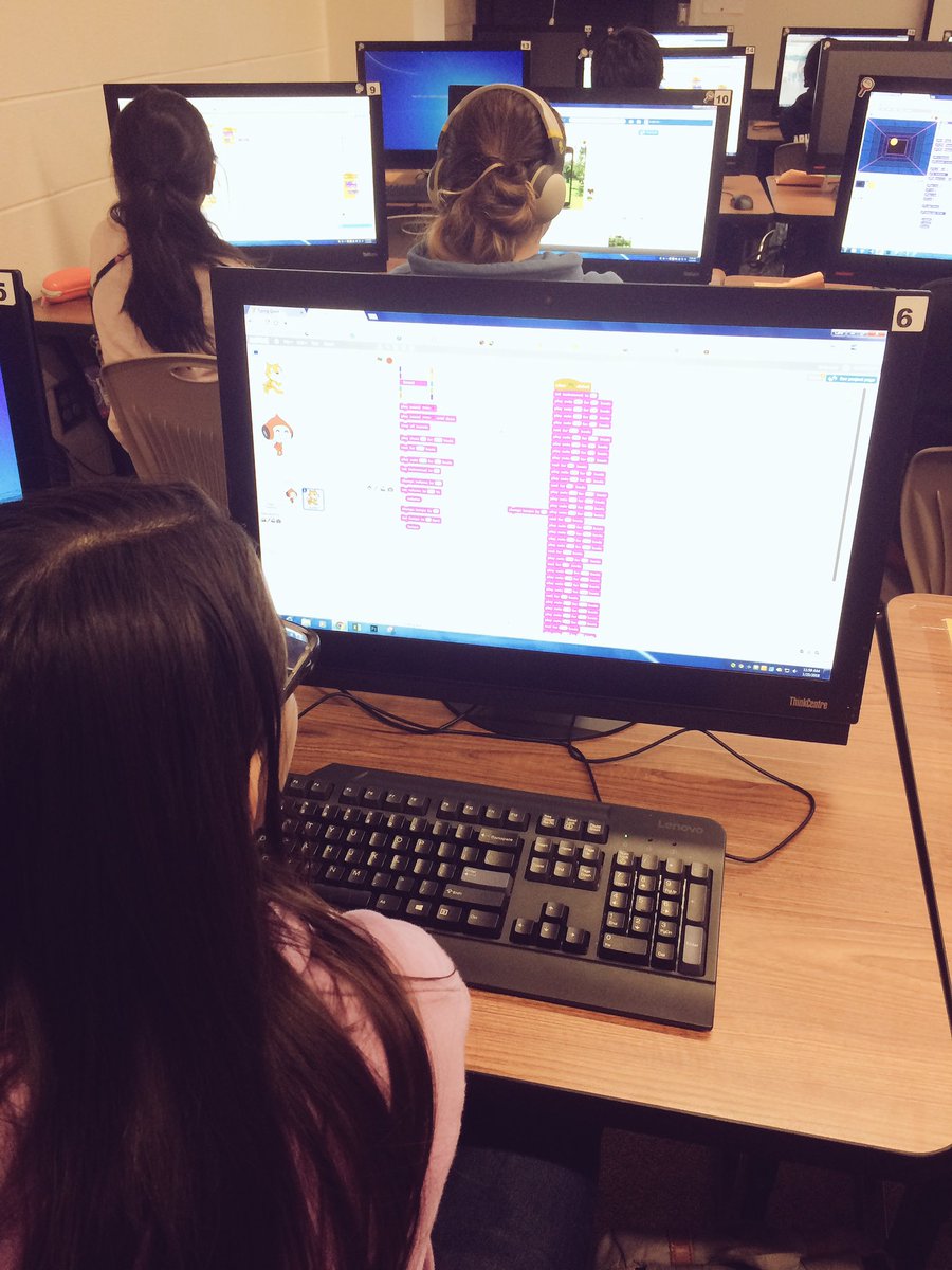 trevorwgibson's tweet photo. Student showed me how to code music for the video game she's creating in @scratch. Very impressive! Working on mini games. #levels #gameOver #jumpAnimations #2playerMode https://t.co/MSV4EJFvdo