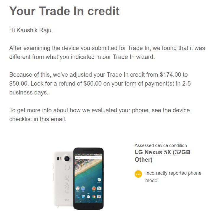 kaushikraju19's tweet image. @Google @GooglePixels @GoogleStore  Worst trade in program ever. Sent a Samsung S7 edge phone for trade in and I receive credit for Nexus 5X for lesser value which I never owned. 
P.S. Potential buyers: Please do not opt for Google trade in prgm.