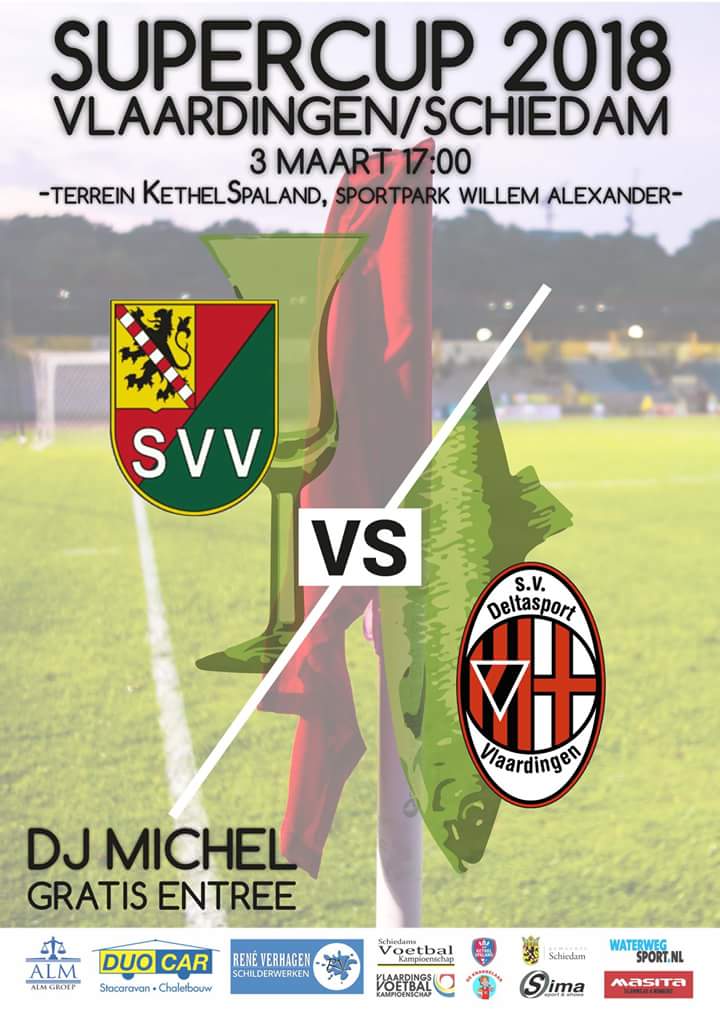 Zaterdag 3 maart om 17:00 uur de supercupstrijd Vlaardingen/Schiedam tussen <a href="/svDeltasportVLD/">Deltasport SV</a> en <a href="/svvsdam1/">SVV Schiedam</a> !
bij <a href="/vvKethelSpaland/">v.v. Kethel Spaland</a>